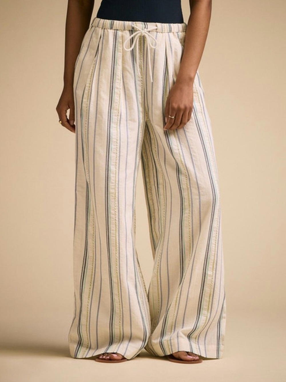 L space by Anthropologie Cream Wide-Leg Striped Drawstring Pants